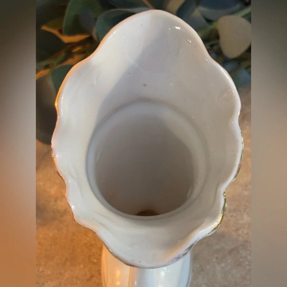 Gold Castle Vintage White Porcelain Cornucopia Horn Vase with Gold Accent Japan